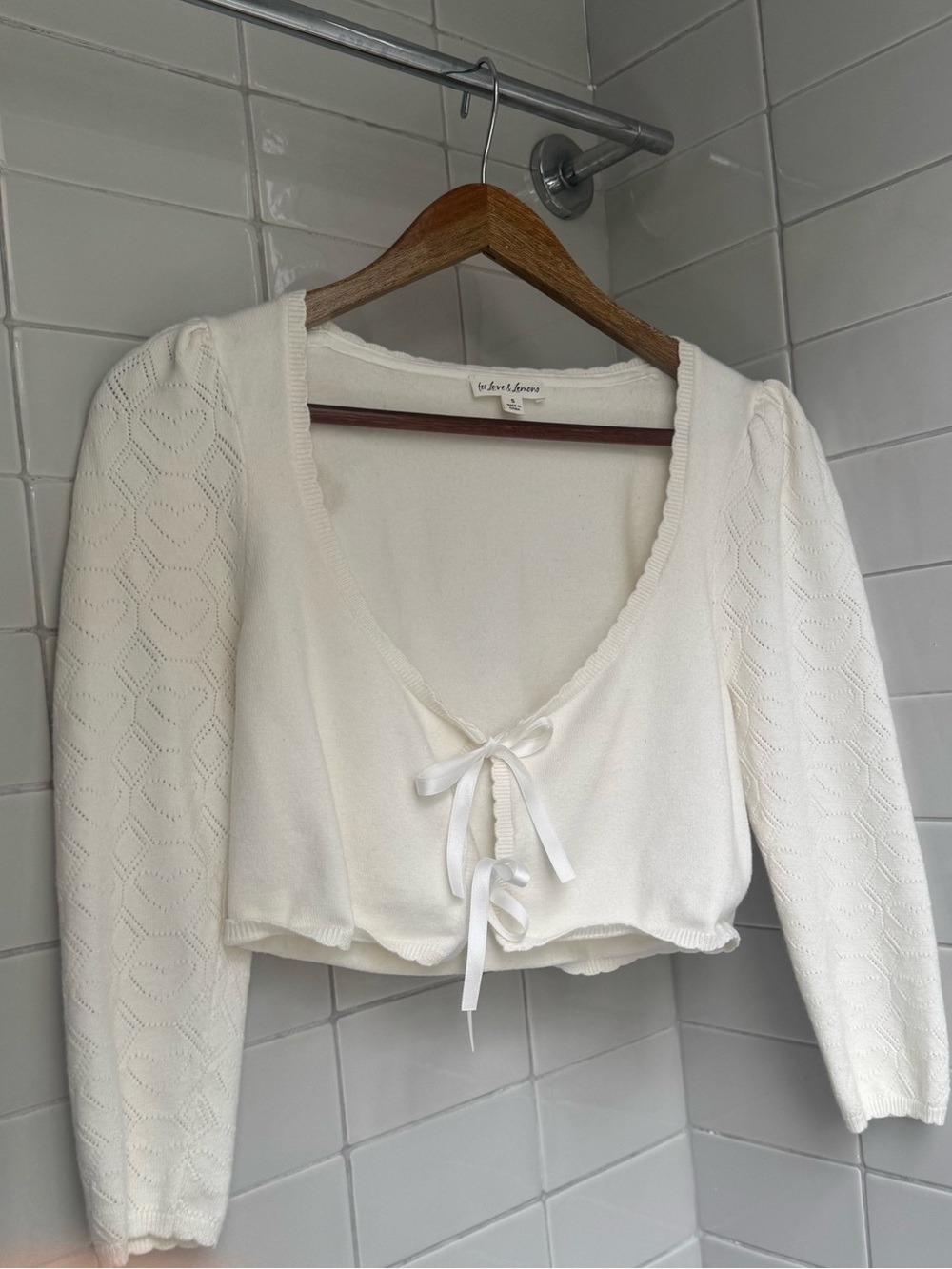 For Love & Lemons Cream Tie-Front Puff Sleeve Cardigan Size S